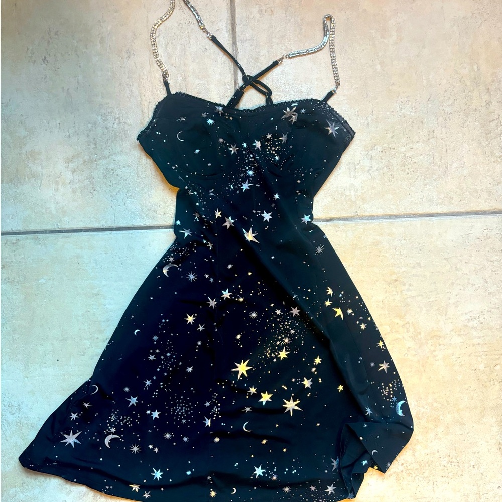 black skater skirt silver moon and stars, diamond straps